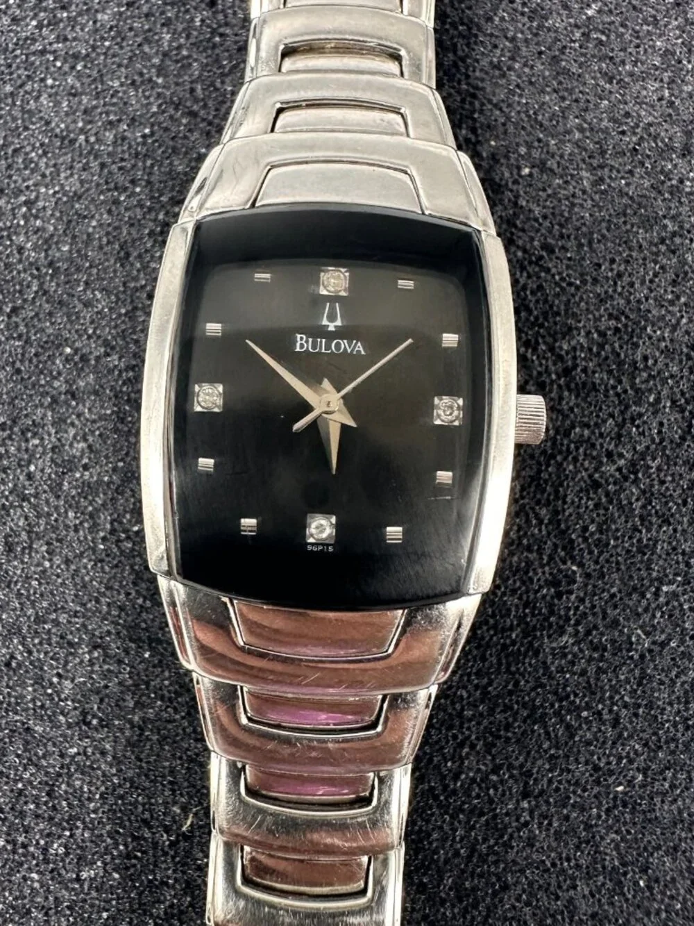 Bulova Watch Women Silver Tone Black Dial 96P15 New Battery 6.75